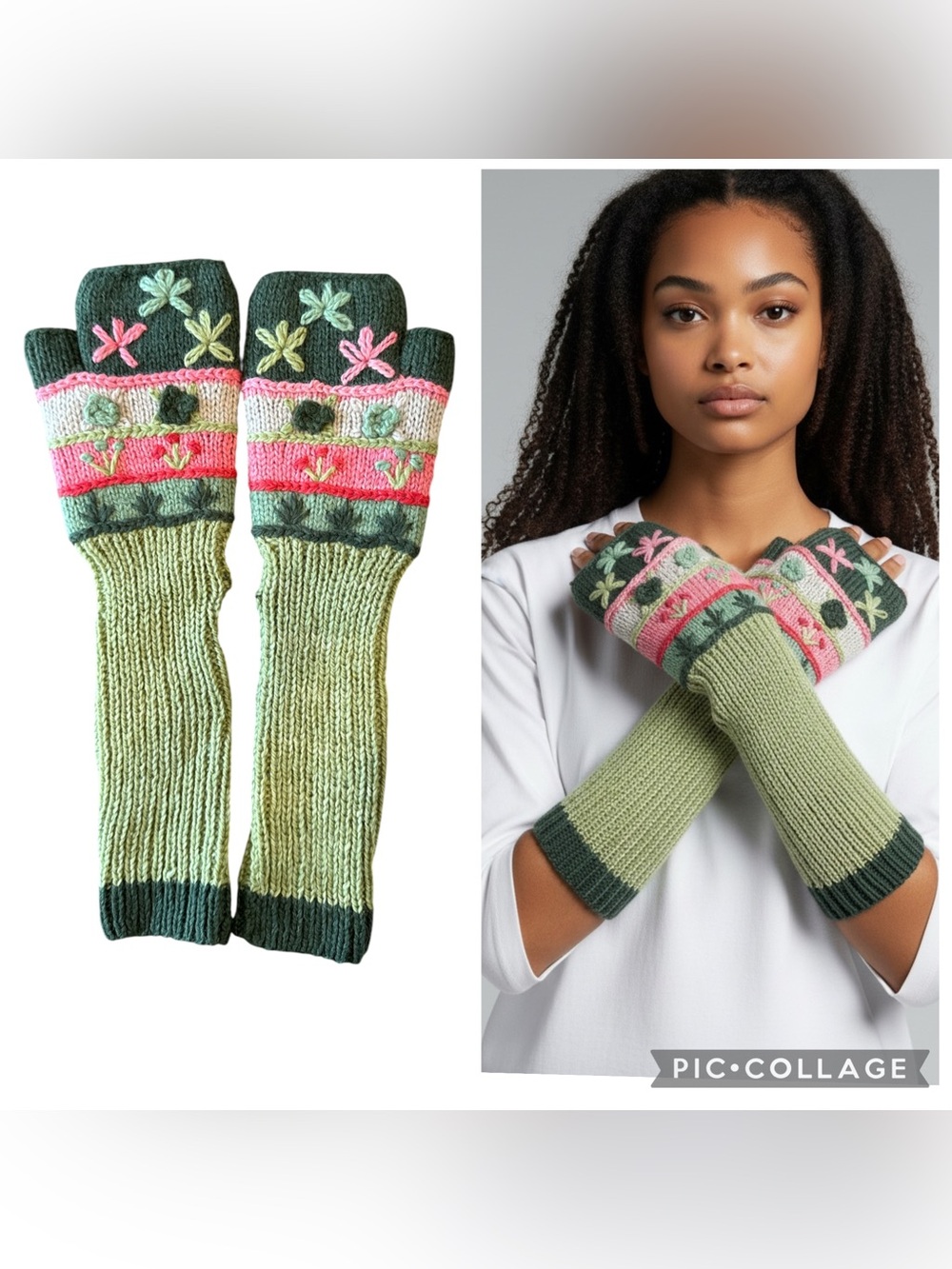 Artesania Handmade 100% Alpaca Wool Floral Gloves Green Multi